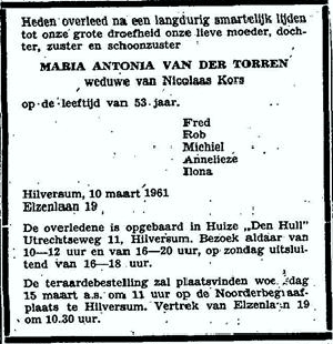 Maria Antonia van der Torren 1907 overlijdensadvertentie