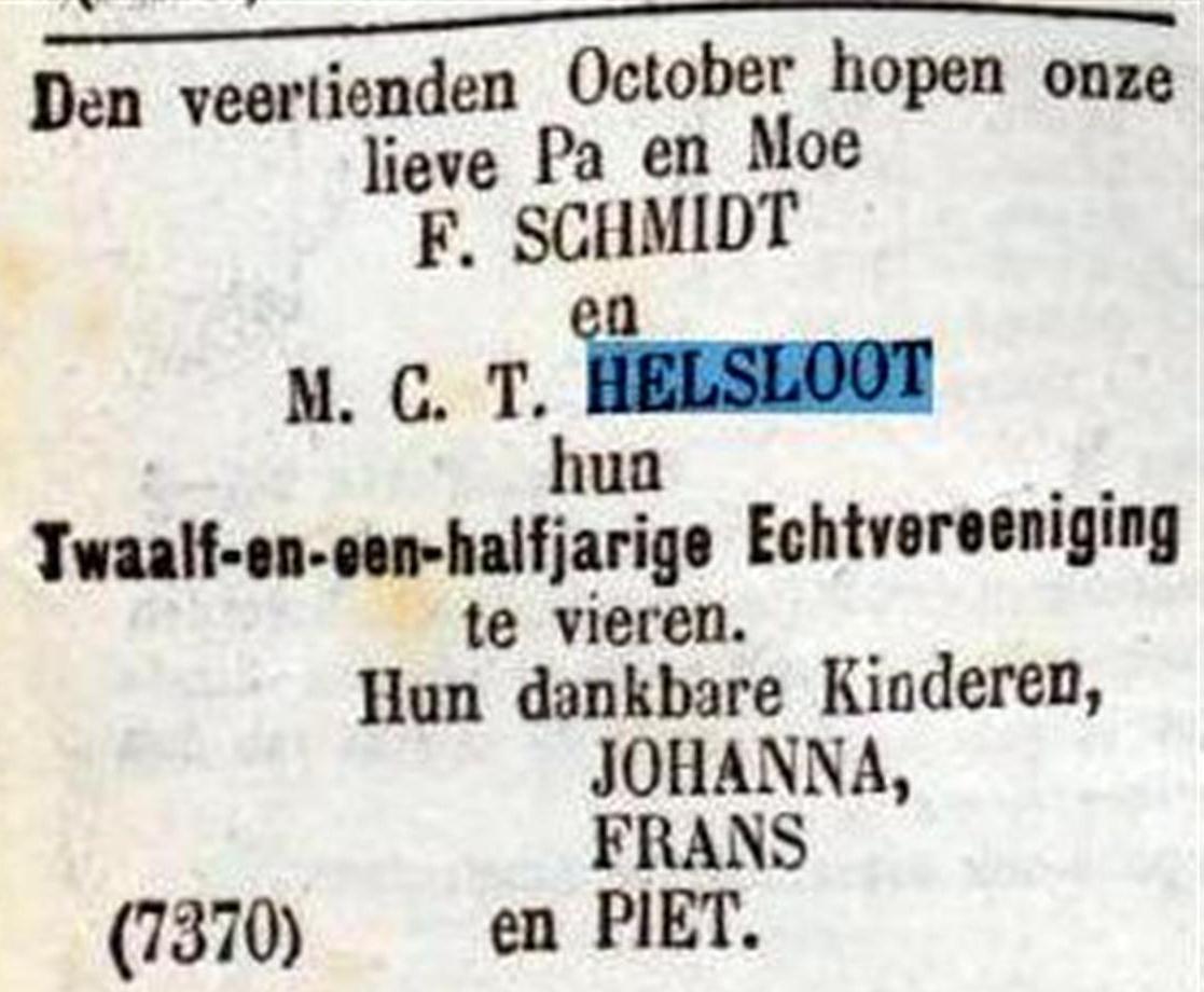 Maria Catharina Theresia Helsloot 1854 ; huwelijksjubileumadvertentie De Tijd 11-10-1887