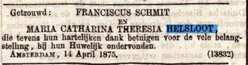Maria Catharina Theresia Helsloot 1854 huwelijksadvertentie