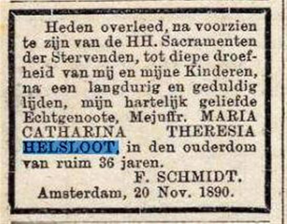 Maria Catharina Theresia Helsloot 1854 overlijdensadvertentie