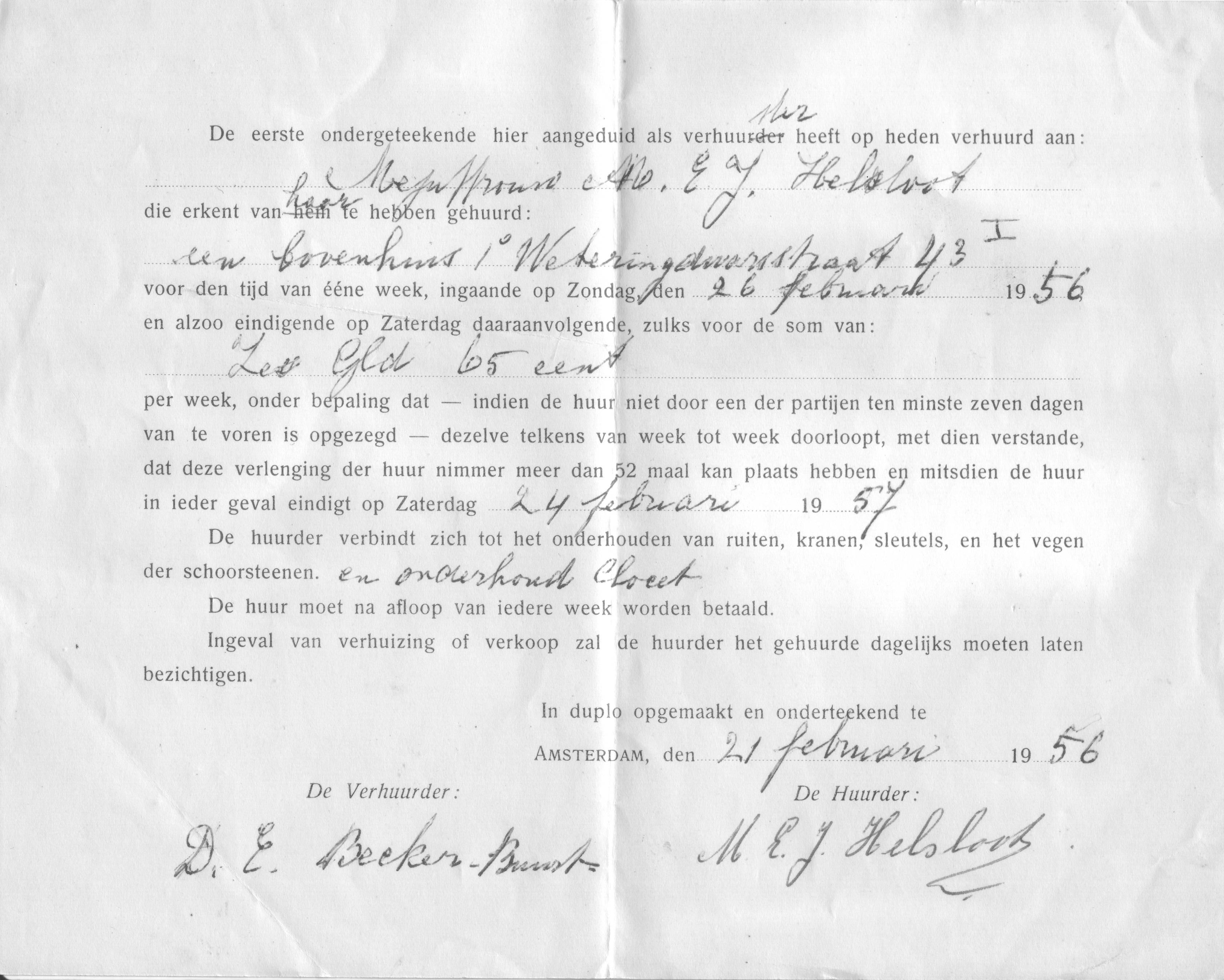 Maria Elisabeth Johanna Helsloot 1907 huurcontract