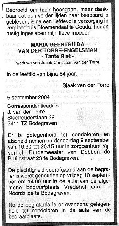 Maria Geertruida Engelsman overlijdensadvertentie