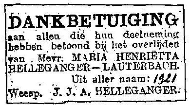 Maria Henrietta Lauterbach 1852 dankbetuiging