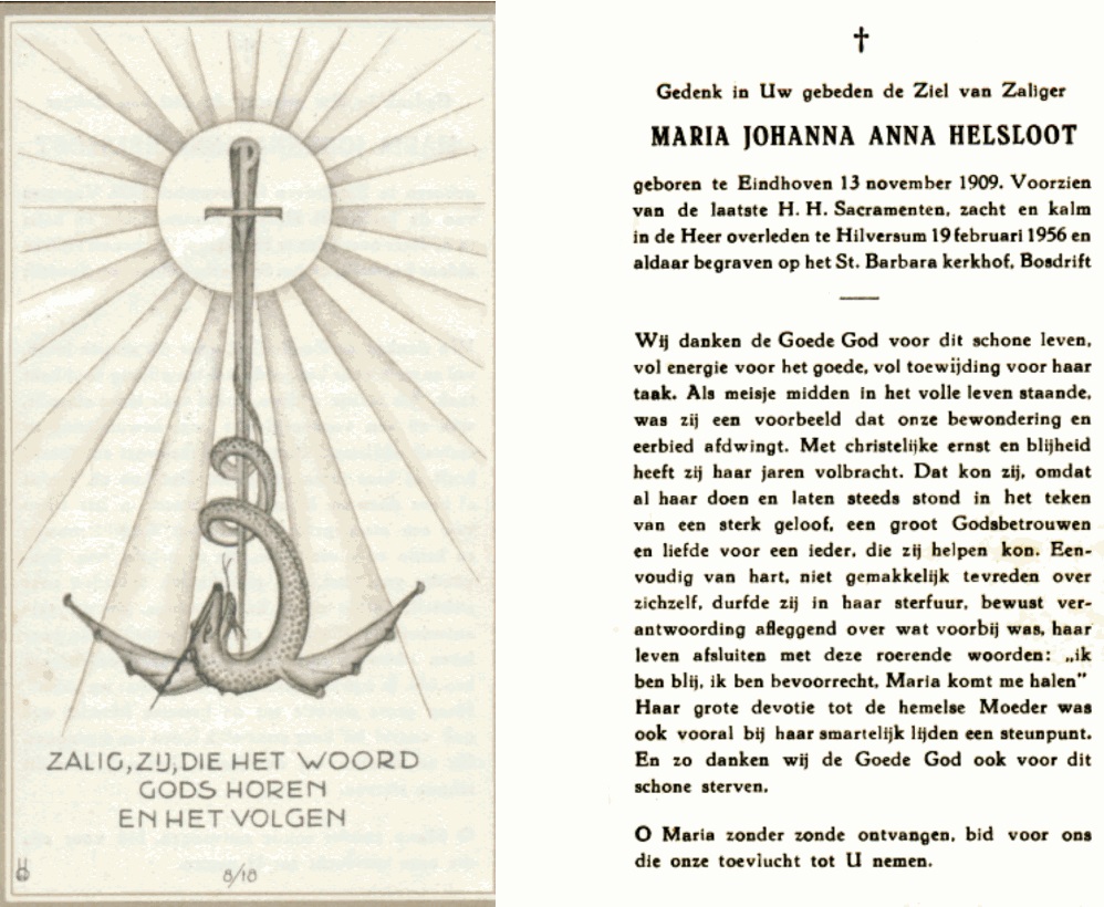 Maria Johanna Anna Helsloot 1909 bidprentje