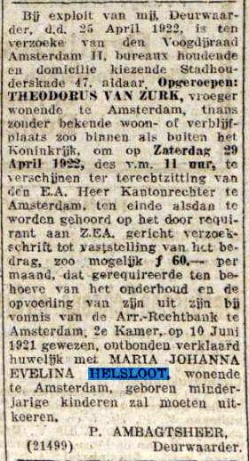 Maria Johanna Evelina Helsloot 1894 oproep betaling alimentatie ; Algemeen Handelsblad 26-4-1922