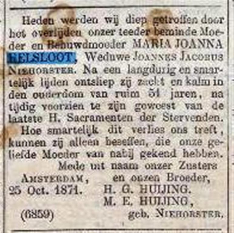 Maria Johanna Helsloot 1819 overlijdensadvertentie