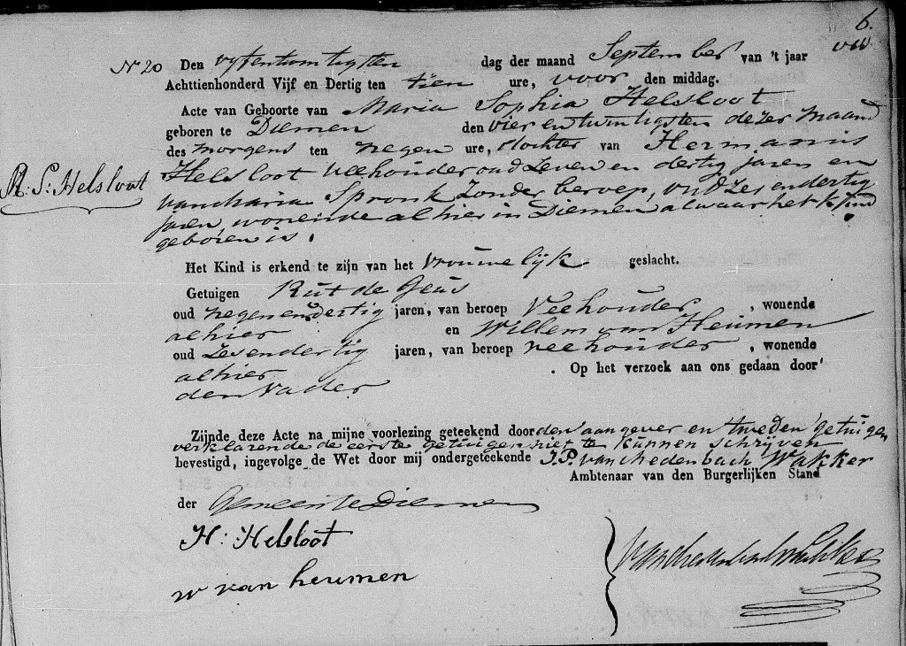 Maria Sophia Helsloot 1835 geboorteakte