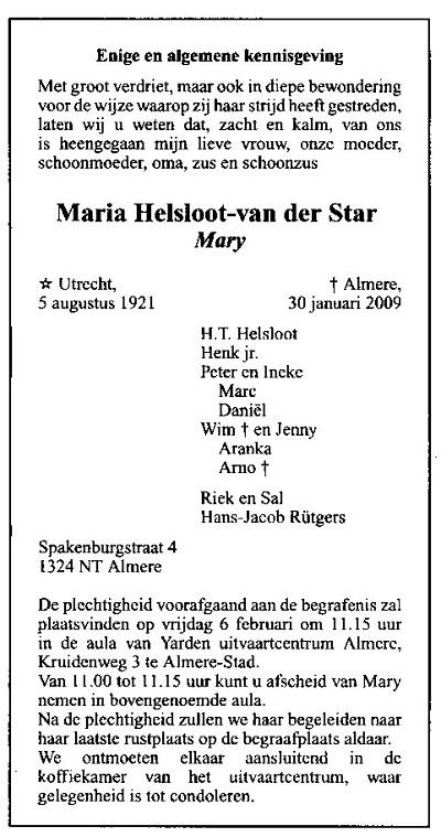 Maria van der Star overlijdensadvertentie