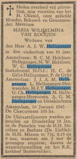Maria Wilhelmina van Rooijen overlijdensadvertentie De Tijd 19-01-1945