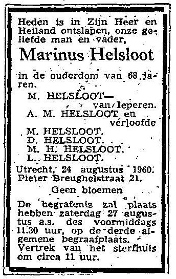 Marinus Helsloot 1892 overlijdensadvertentie