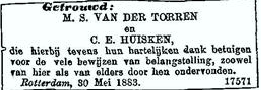 Marinus Simon van der Torre 1850 huwelijksadvertentie