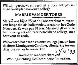 Marrie (van der Torre) overlijdensadvertentie