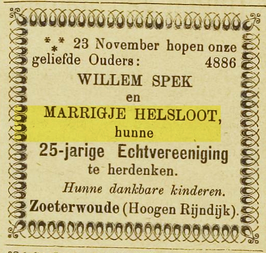 Marrigje Helsloot 1839 huwelijksjubileumadvertentie