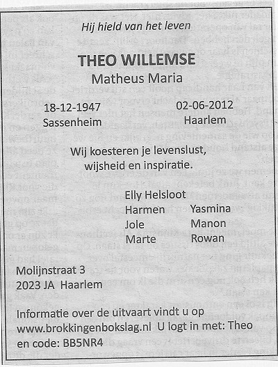 Mattheus Maria Willemse overlijdensadvertentie