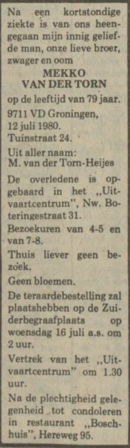 Mekko van der Torn 1901 overlijdensadvertentie