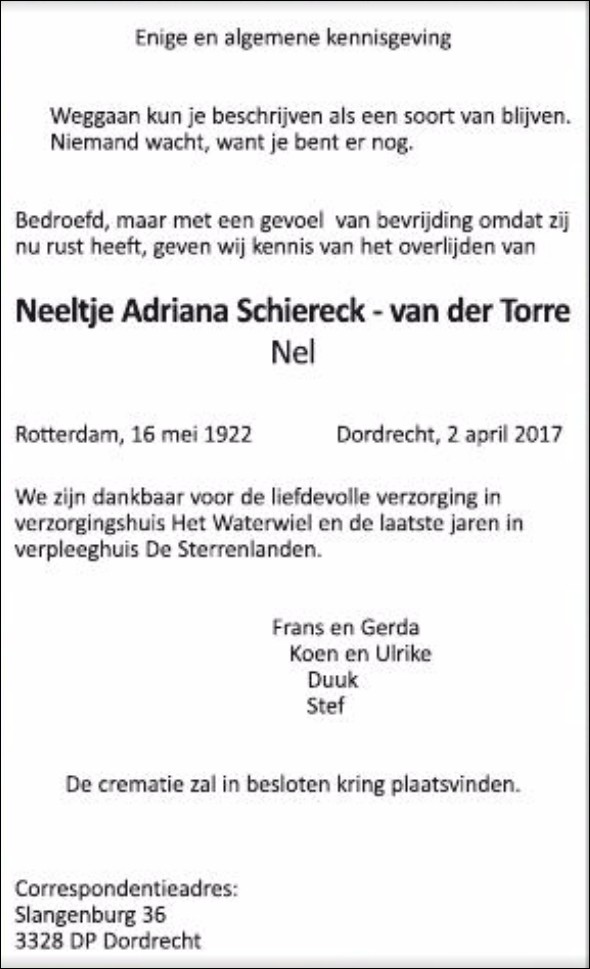Neeltje Adriana van der Torre 1922 overlijdensadverentie