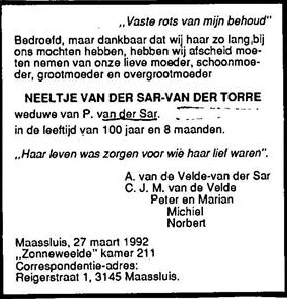 Neeltje van der Torre 1891 overlijdensadvertentie