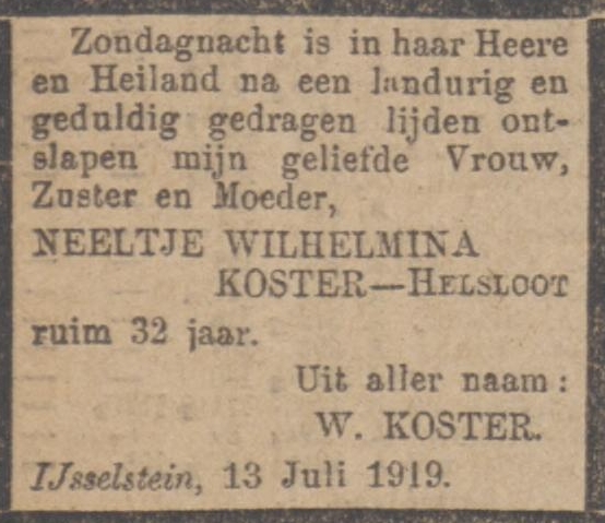 Neeltje Wilhelmina Helsloot 1887 overlijdensadvertentie