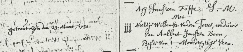 Neeltje Willems van der Torre ca1687 x Arij Janszen Foppe trouwboek
