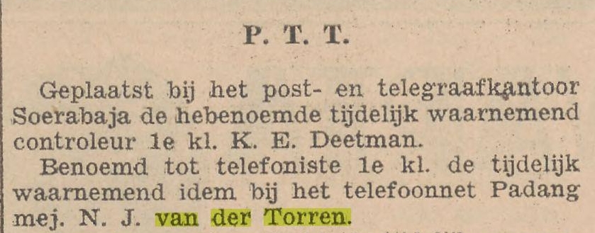 Nelly Josepha van der Torren 1916 ; Het nieuws van den dag voor Nederlandsch-Indie¨ 09-02-1939