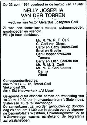 Nelly Josepha van der Torren 1916 overlijdensadvertentie