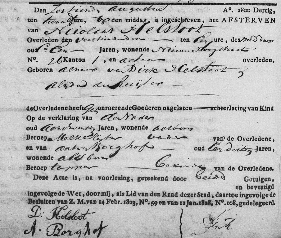 Nicolaas Helsloot 1829 overlijdensakte