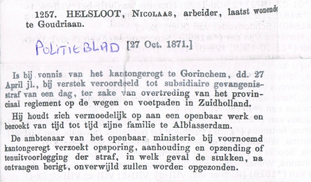 Nicolaas Helsloot 1845 Politieblad 1871