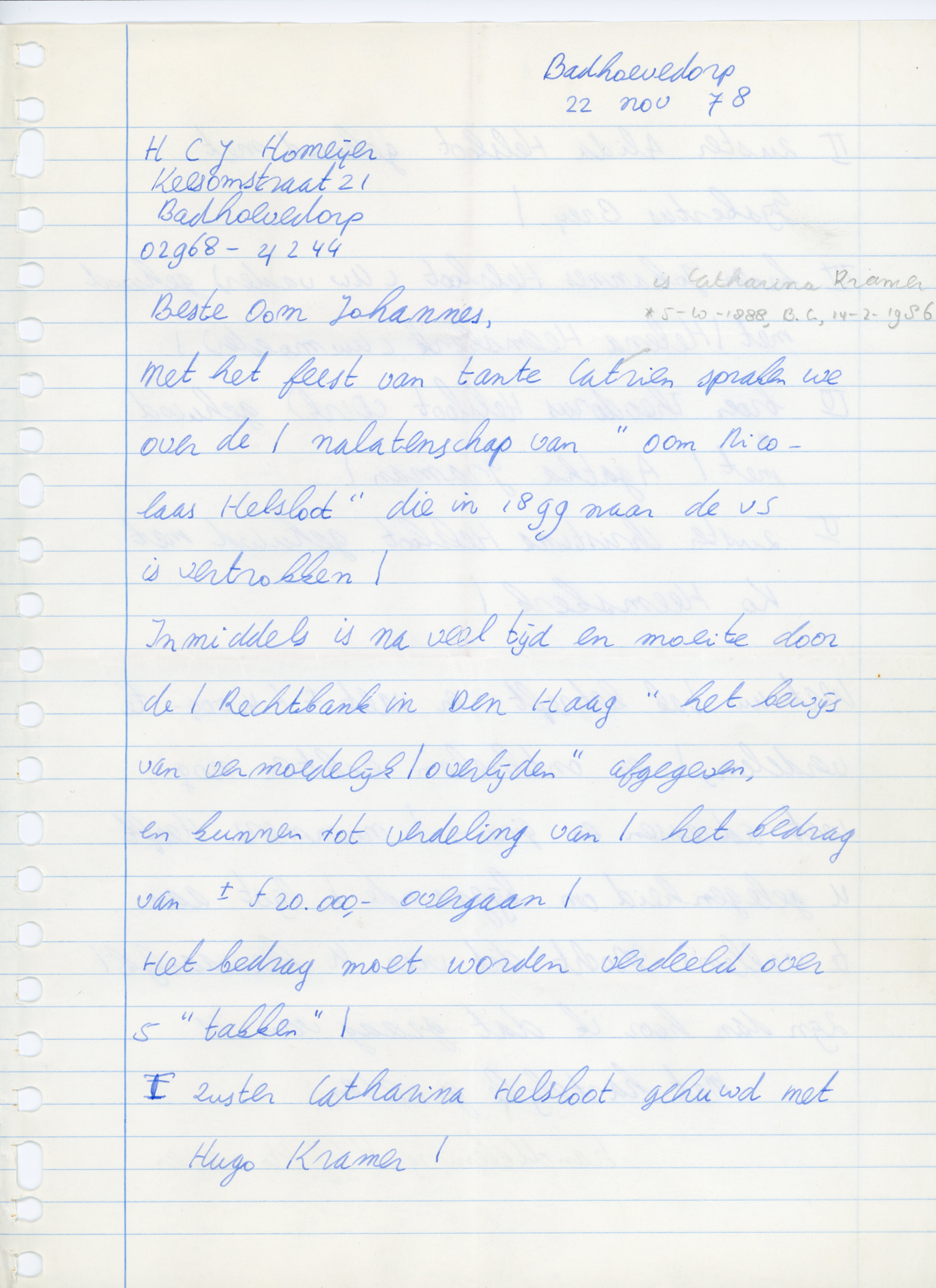 Nicolaas Helsloot 1865 brief HCJ Homeijer aan Johannes Helsloot inzake erfenis Nicolaas Helsloot voorkant