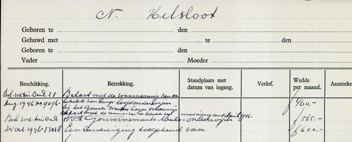 Nicolaas Helsloot 1905 stamkaart Oost-Indische Ambtenaren