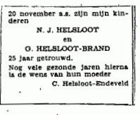 Nicolaas Jan Helsloot 1923 huwelijksjubileumadvertentie