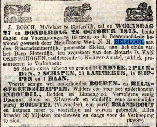Nikolaas Henderikus Helsloot 1834  boedelveiling ; Algemeen Handelsblad 9-10-1875