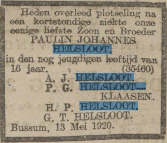 Paulus Johannes Helsloot 1903 overlijdensadvertentie