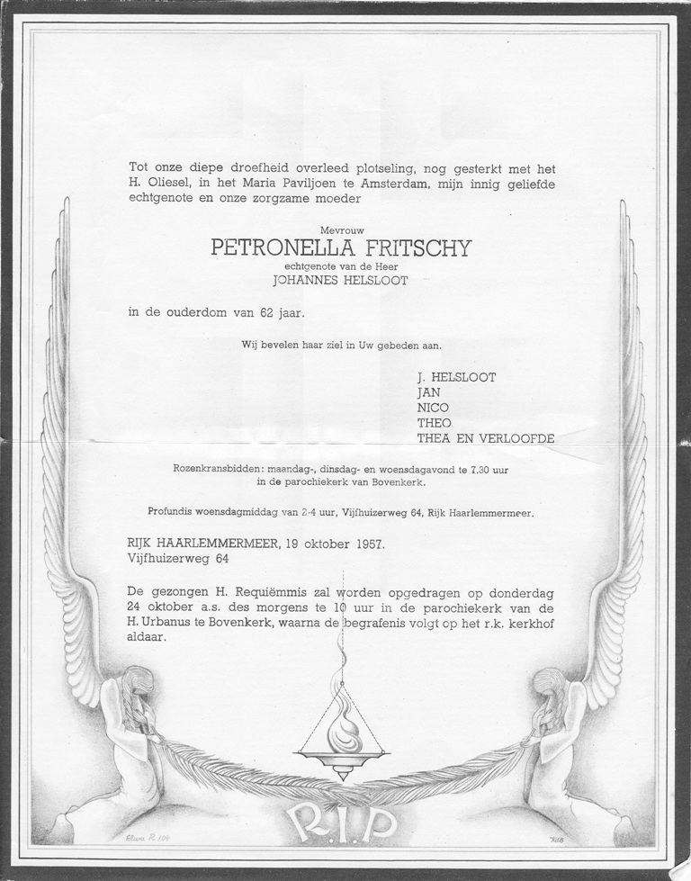Petronella Fritschy rouwkaart