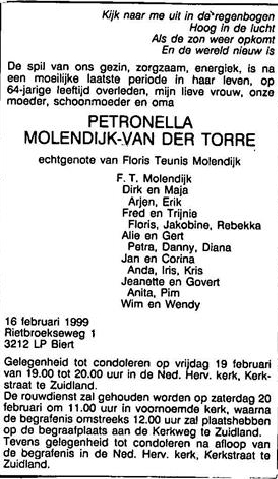 Petronella van der Torre 1934 overlijdensadvertentie