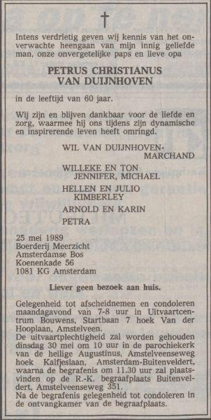 Petrus Christianus van Duijnhoven overlijdensadvertentie