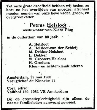 Petrus Helsloot 1891 overlijdensadvertentie