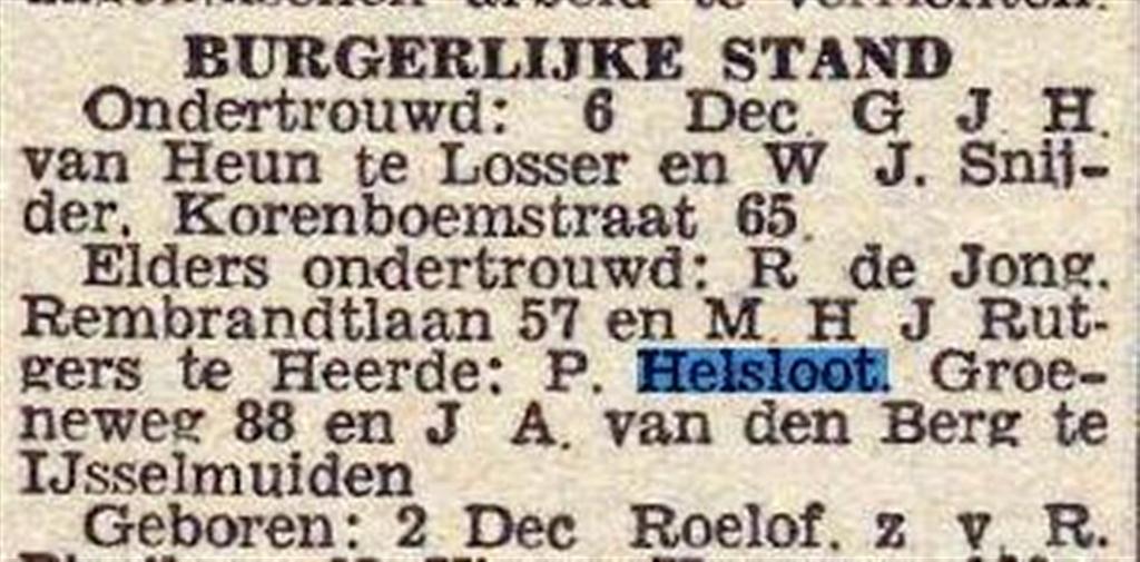 Petrus Helsloot 1914 ondertrouwbericht ; Zwolse courant 6-12-1943