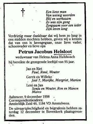 Petrus Jacobus Helsloot 1903 overlijdensadvertentie