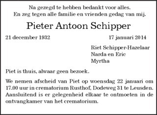 Pieter Antoon Schipper overlijdensadvertentie