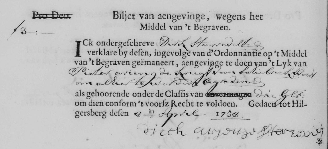 Pieter Ariensz de Knegt impost op begraven Hillegersberg