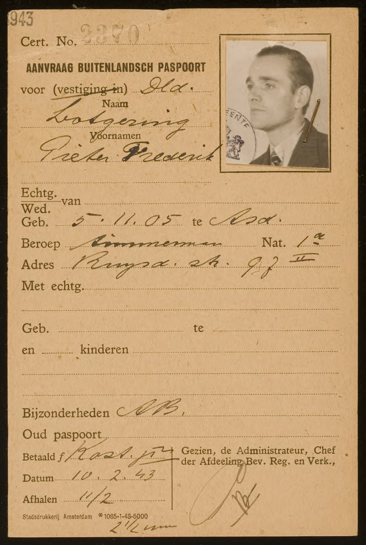 Pieter Frederik Lotgering 1905 paspoort