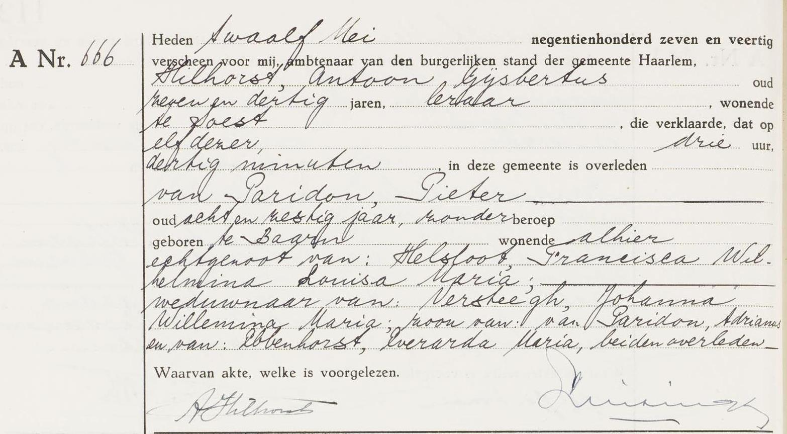 Pieter van Paridon overlijdensakte