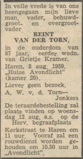 Reint van der Torn 1871 overlijdensadvertentie