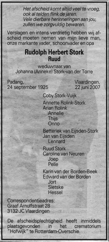 Rudolph Herbert Stork overlijdensadvertentie