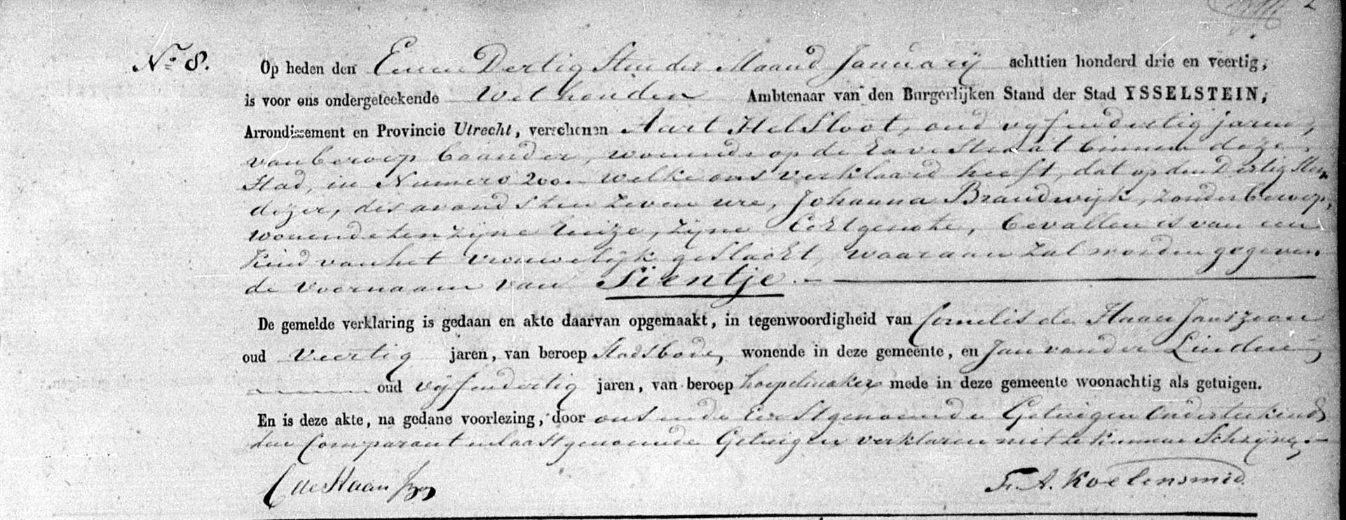 Sientje Helsloot 1843 geboorteakte