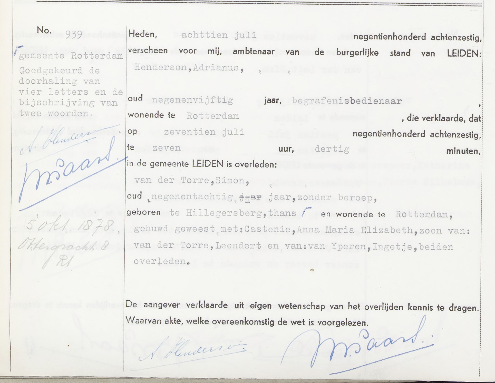 Simon van der Torre 1878 overlijdensakte