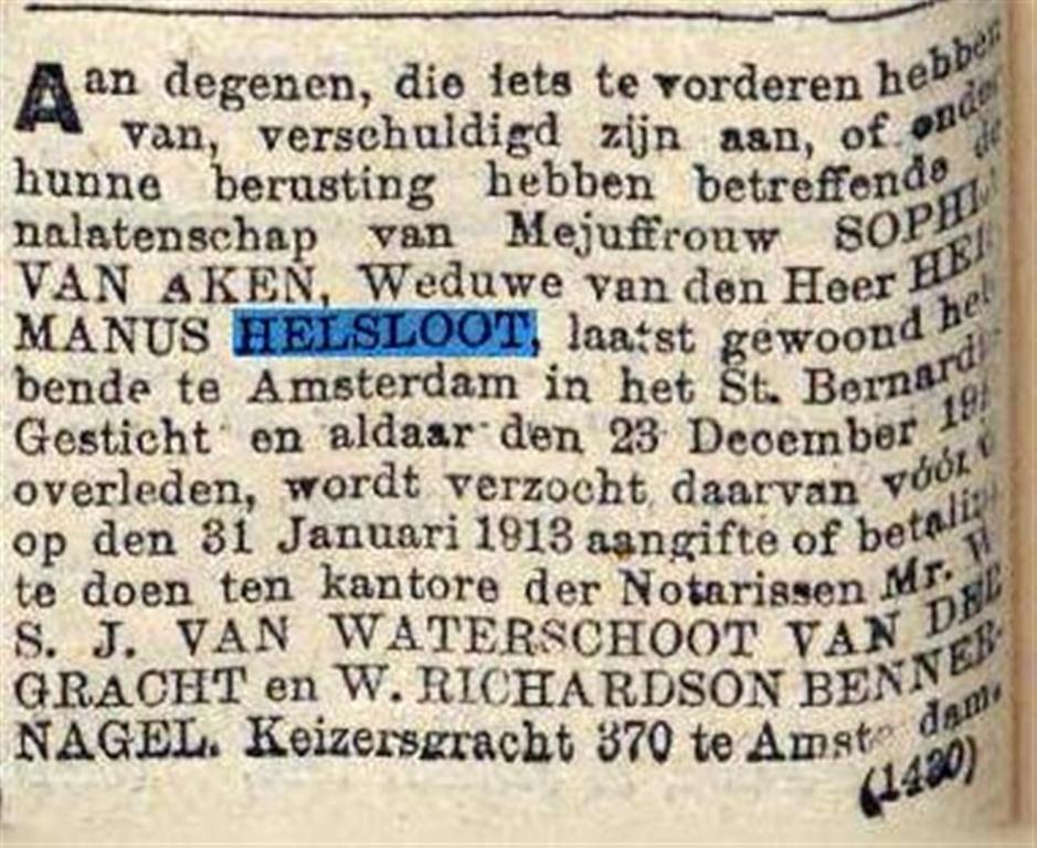Sophia van Aken overlijdensbericht ; Algemeen Handelsblad 10-1-1913