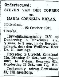 Steven van der Torren 1907 huwelijkadvertentie