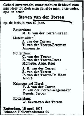 Steven van der Torren 1907 overlijdensadvertentie