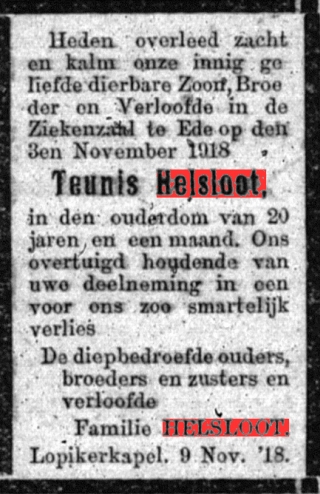 Teunis Helsloot 1898 overlijdensadvertentie